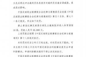 官方:青岛红狮主帅冲击裁判员休息室言语威胁 禁赛10场罚款5万元